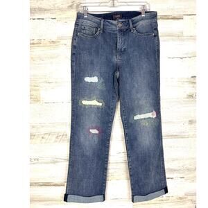 NYDJ Women’s 6 Blue Marilyn Straight Distressed Color Patch Ankle Jeans NEW